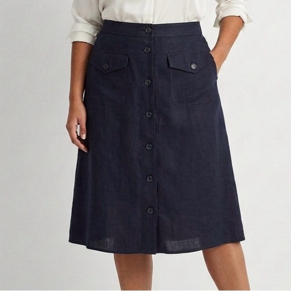 Ralph Lauren Dresses & Skirts - Lauren Ralph Lauren Black Linen Button Front Midi Skirt Quiet Luxury Minimalist